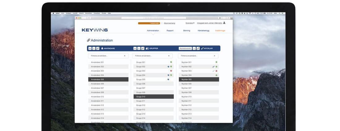 KEYVING Administrationssoftware auf Notebook-Bildschirm mit Benutzer-, Gruppen- und Schlüsselverwaltung Laptop zeigt die Benutzeroberfläche der KEYVING Verwaltungssoftware zur Organisation von Benutzergruppen und Schlüsseln