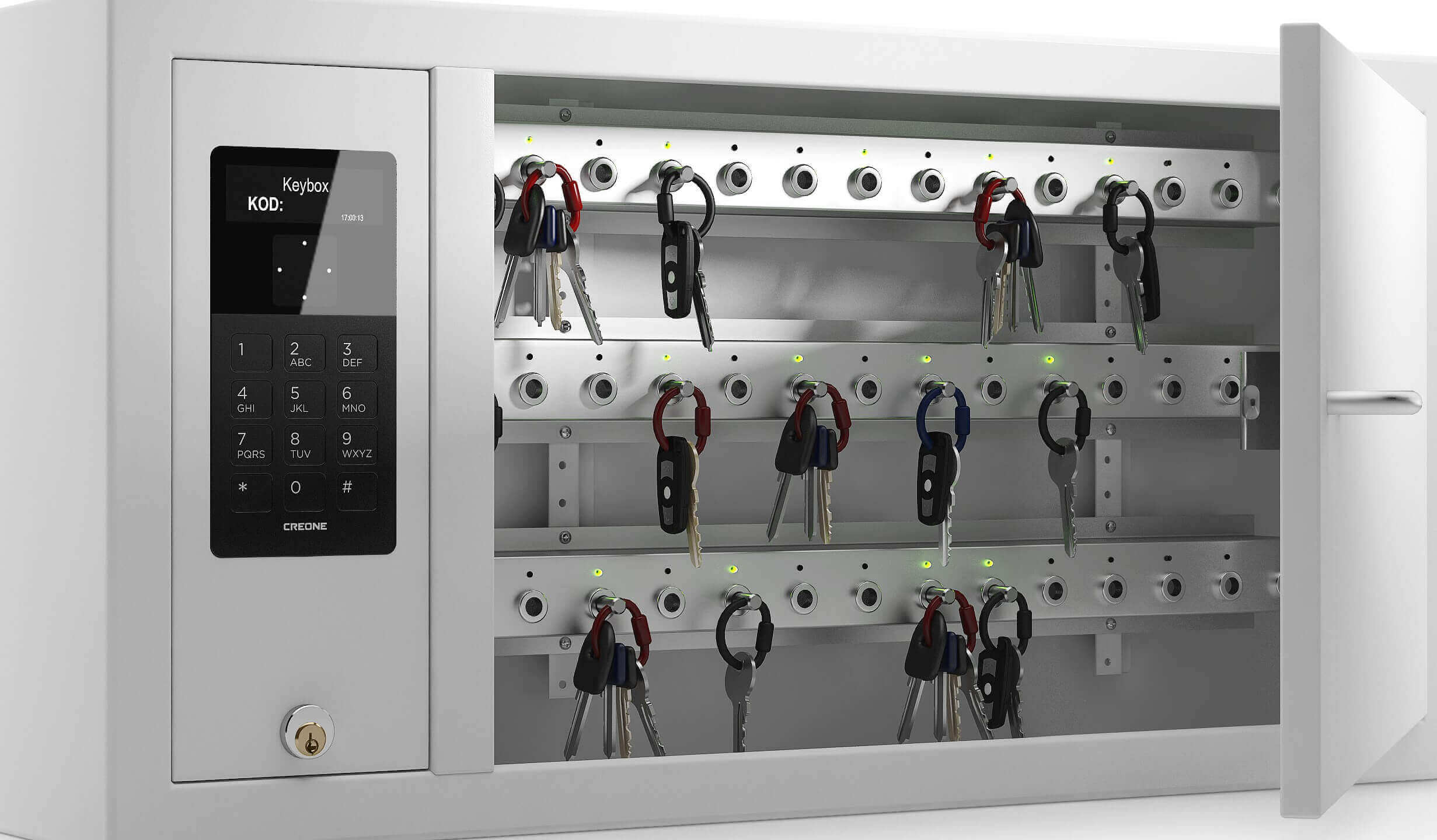 Offener elektronischer Schlüsselschrank mit Zahlencode, mehreren Schlüsseln an Haken und grüner LED-Anzeige für Sicherheit